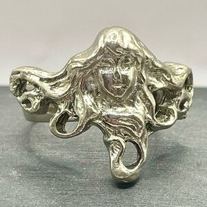 Vintage Silver Tone Woman with Flowing Hair Adjustable Ring
